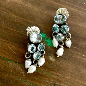 Aquamarine Real Pearls Sterling Earrings